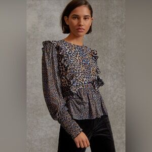 NWT Anthropologie BL-NK Moira Ruffled Peplum Top Leopard Print Blouse XS Stretch